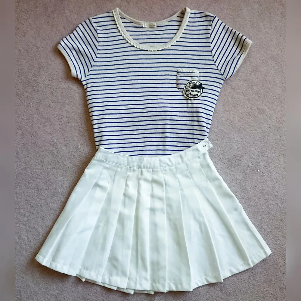 Striped Crochet Trim T-Shirt + White Pleated Mini Skirt Set - Picture 2 of 16